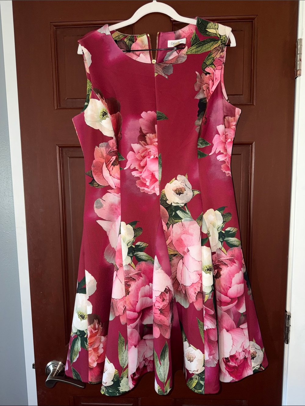 Calvin Klein Burgundy Floral Fit-and-Flare Midi Dress with Pink Accents